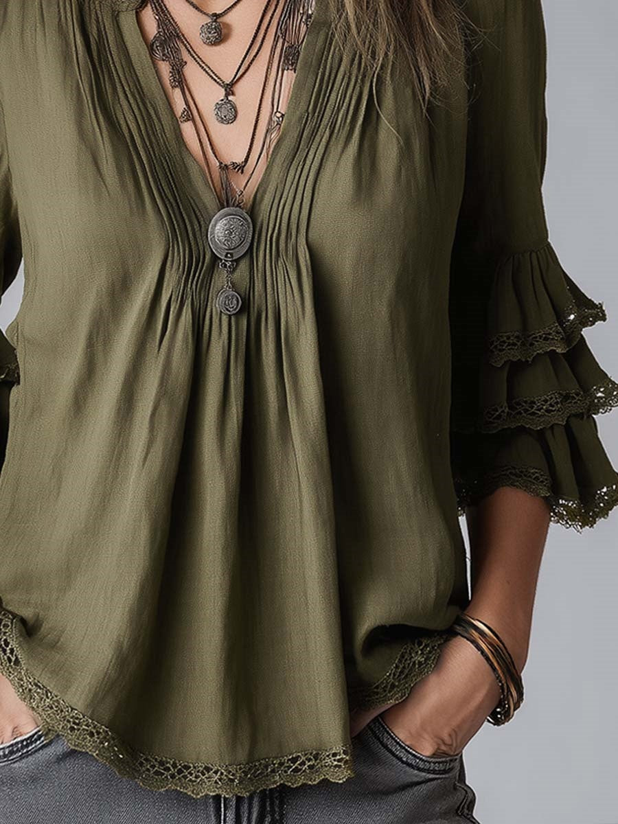 sheenchic Vacation Army Green V Neck 3/4 Sleeve Ruffle Vintage Linen Blouses [Pre-Order]
