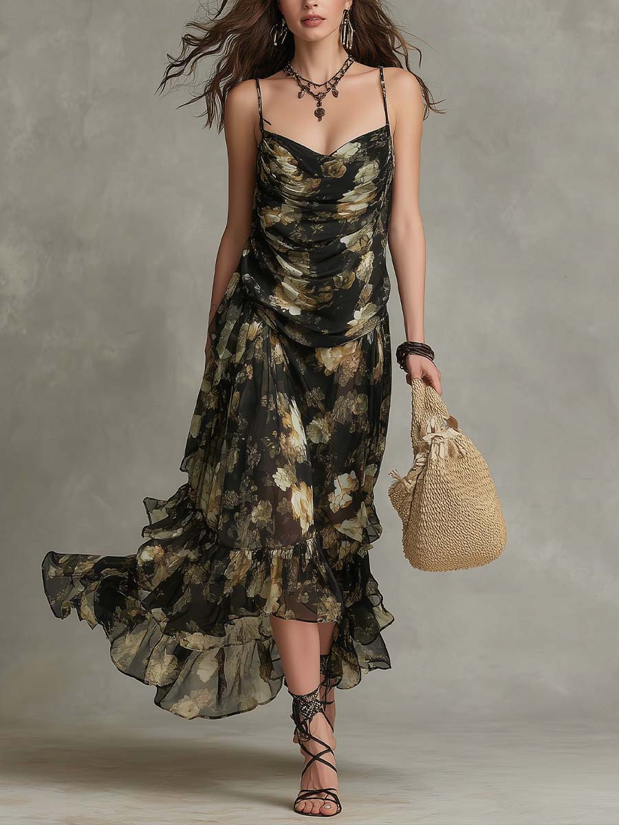 Bohemian Vintage Floral Chiffon Maxi Dress