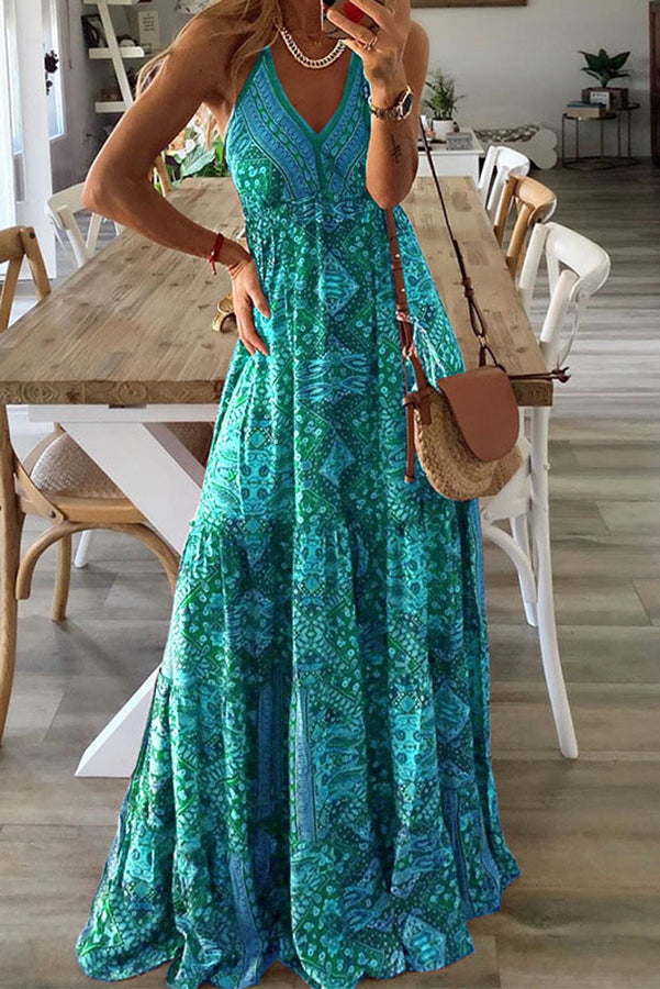 Vestidos largos con cintura elástica y tirantes estampados estilo bohemio celeste 