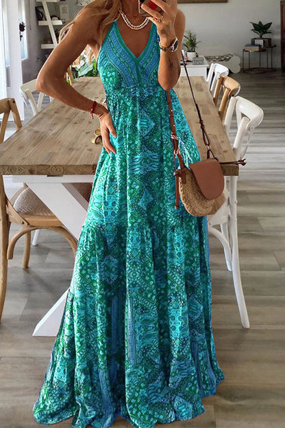 Vestidos largos con cintura elástica y tirantes estampados estilo bohemio celeste 