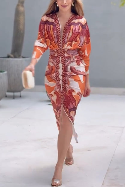 Brazilian Style Unique Print Dolman Long Sleeve Ruched Slit Midi Dress  Vestidos