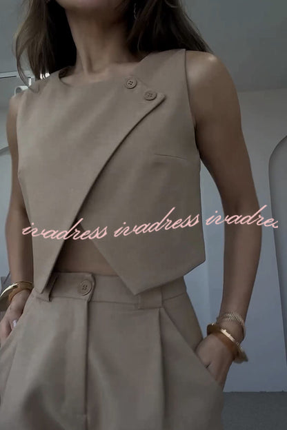 Balvin Linen Blend Cross Button Neck Crop Vest and High Rise Pocketed Pants Set