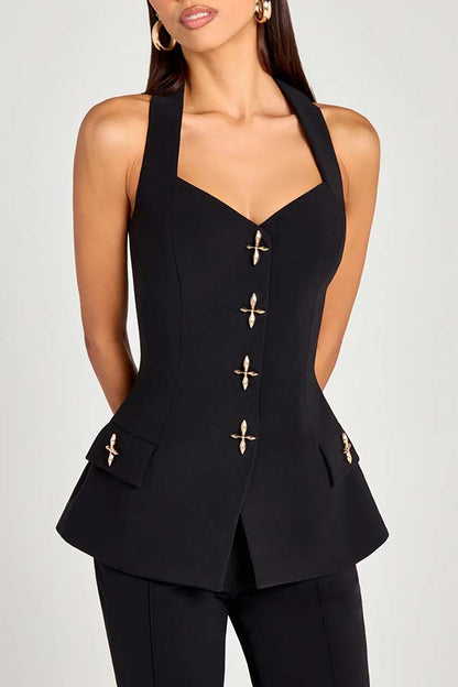 Women Power Metal Cross Snap Button Sweetheart Neck Wide Strap Vest