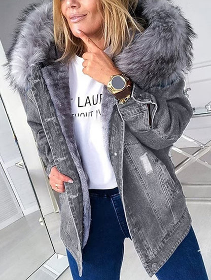 Plush Long Sleeve Single Breasted Pockets Denim Coat