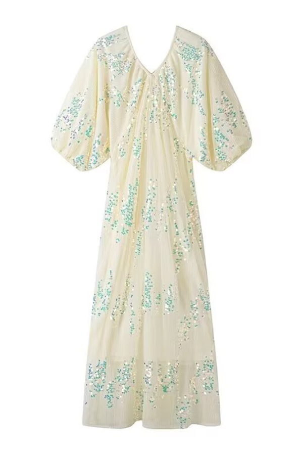 Batwing Sleeve Sequined Deep V Neck Long Dress