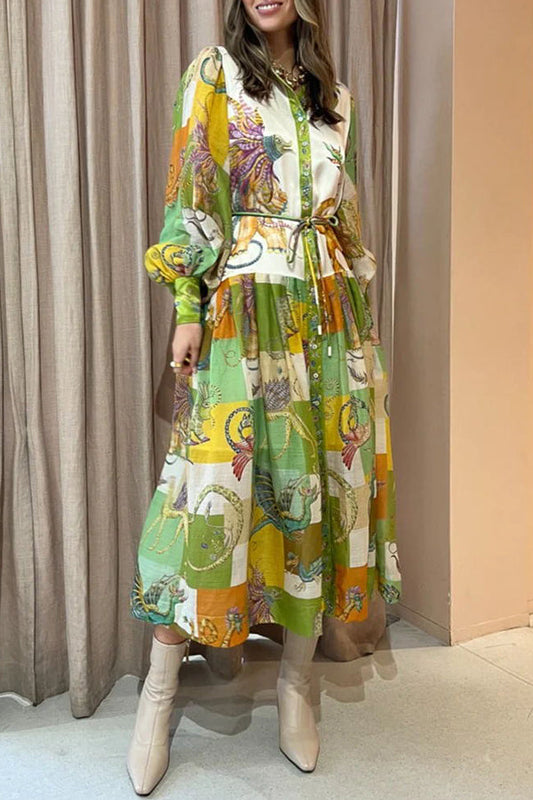 Vestido camisero ligero midi con mangas abullonadas y estampado de la familia Dragon 