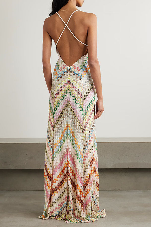 Missoni Summer Knit Colorful Herringbone Print Open Beck Maxi Dress