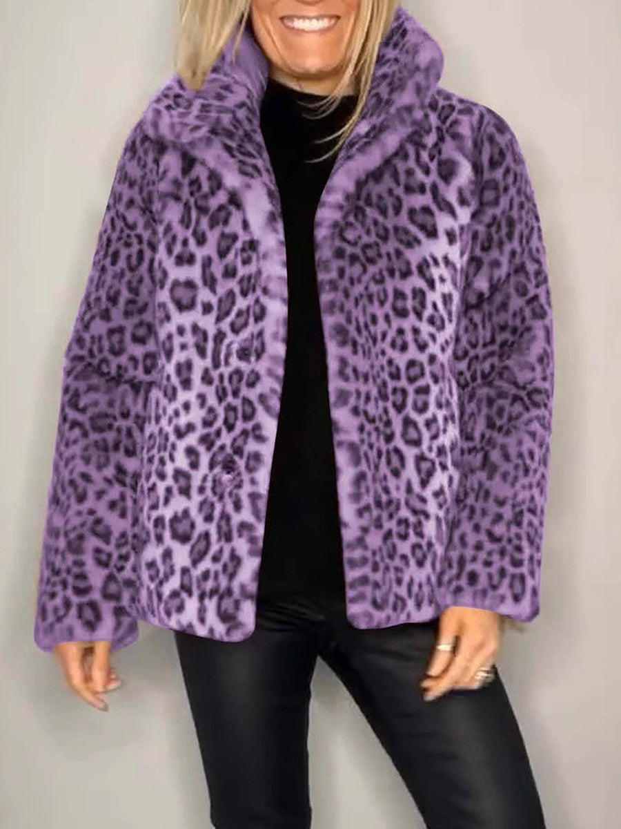 Daily Brown Leopard Turndown Collar Long Sleeve Vintage Faux Fur Coat