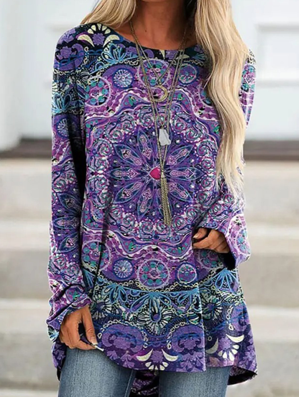 Ethnic Retro Print Crew Neck Long Sleeve T-Shirt