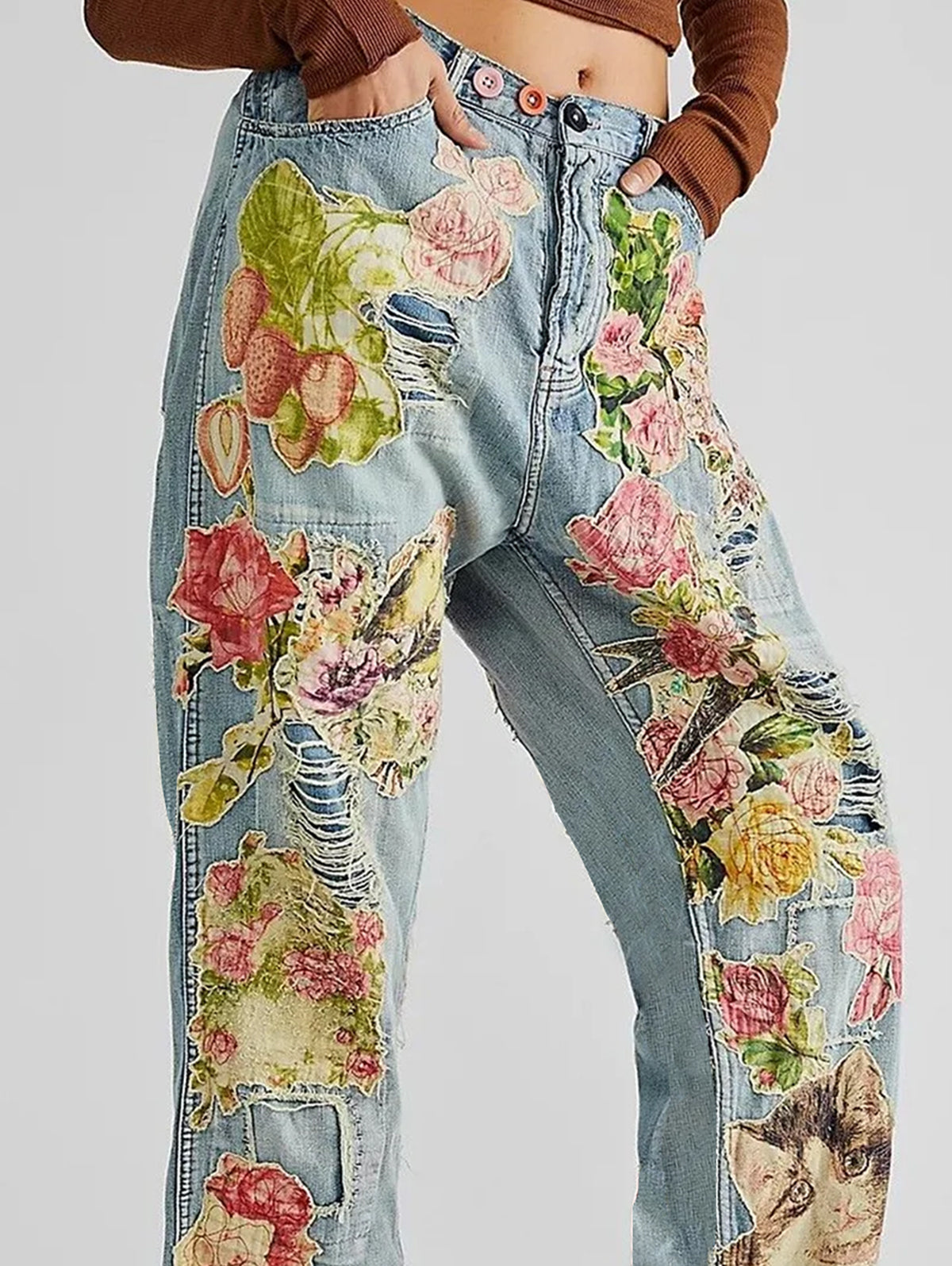 Elegant Floral Cat Ripped Denim Straight Leg Jeans