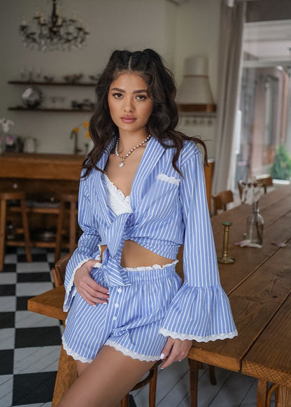 Blue Stripe 2-Piece Set – Long Sleeve Shirt & Lace-Trim Shorts