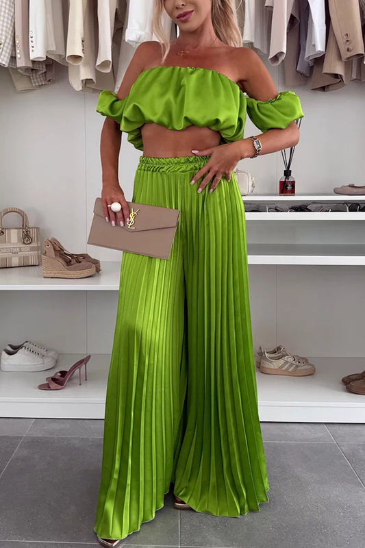 Jorie Satin Off Shoulder Puff Sleeve Crop Top and Elastic Waist Pleated Wide Leg Pants Set