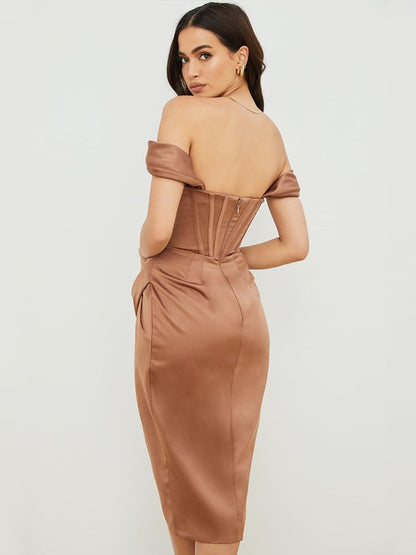 Cap Shoulder Corset Bodycon Midi Dress - Toffee Brown