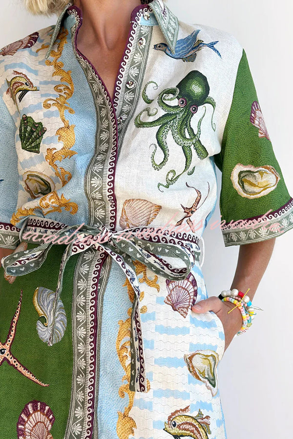 Vestido camisero corto con bolsillos y lazo, estampado único de mezcla de lino Deep Sea Dreaming 