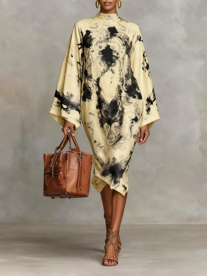 Daily Pink Paisley Mock Neck Long Sleeve Boho Midi Dresses