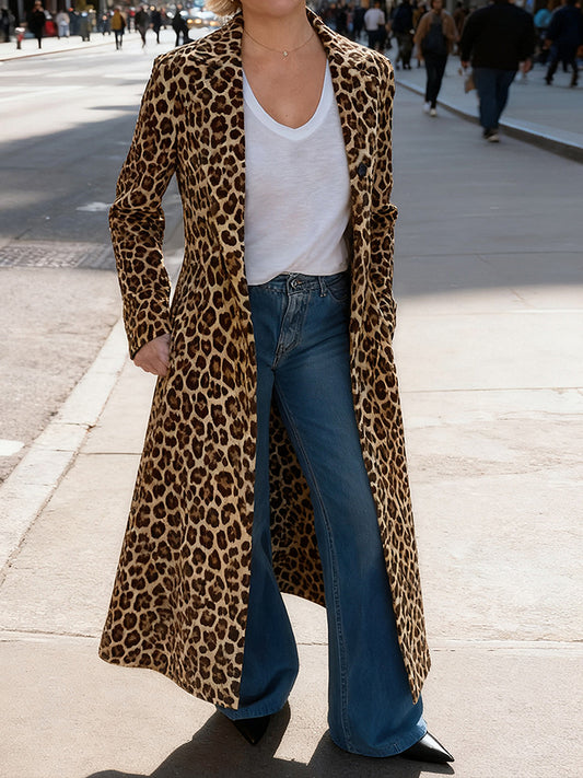 Daily Brown Leopard Turndown Collar Long Sleeve Pocket Casual Coat