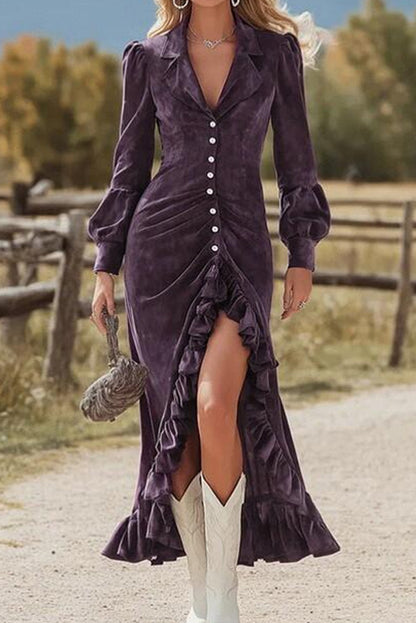 Elegante vestido midi plisado con volantes, manga larga y botonadura sencilla 