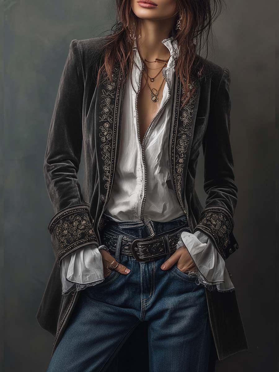 Business Casual Navy Blue Long Sleeve Embroidery Western Pocket Velvet Jacket