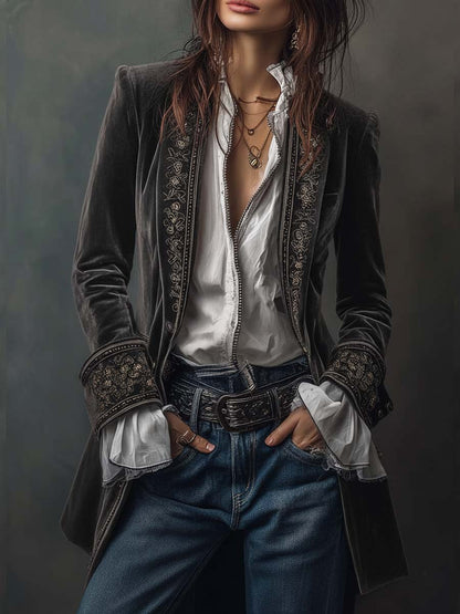 Business Casual Navy Blue Long Sleeve Embroidery Western Pocket Velvet Jacket