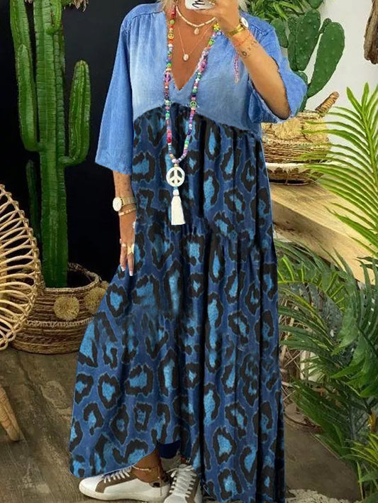 sheenchic Vintage Leopard Denim Patchwork Raw Trim Maxi Dress