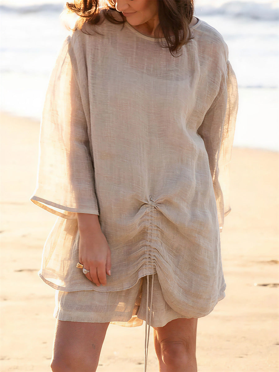 sheenchic Vacation Khaki Round Neck 3/4 Sleeve Ruched Casual Pocket Linen Two Piece Short Sets [Pre-Order]