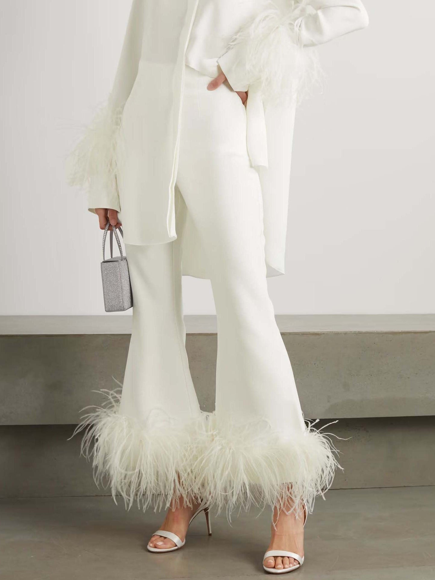 Elegant Satin Feather-trimmed Shirt Two-piece Set