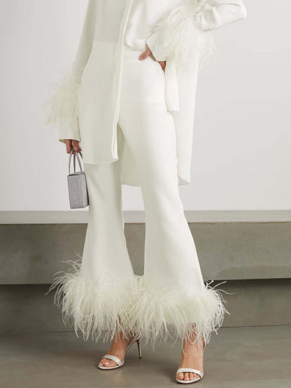 Elegant Satin Feather-trimmed Shirt Two-piece Set