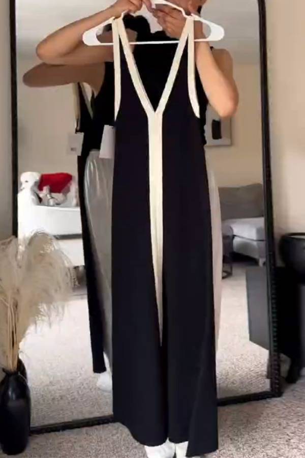 Vestido largo de tirantes con escote en V profundo y bloques de color 