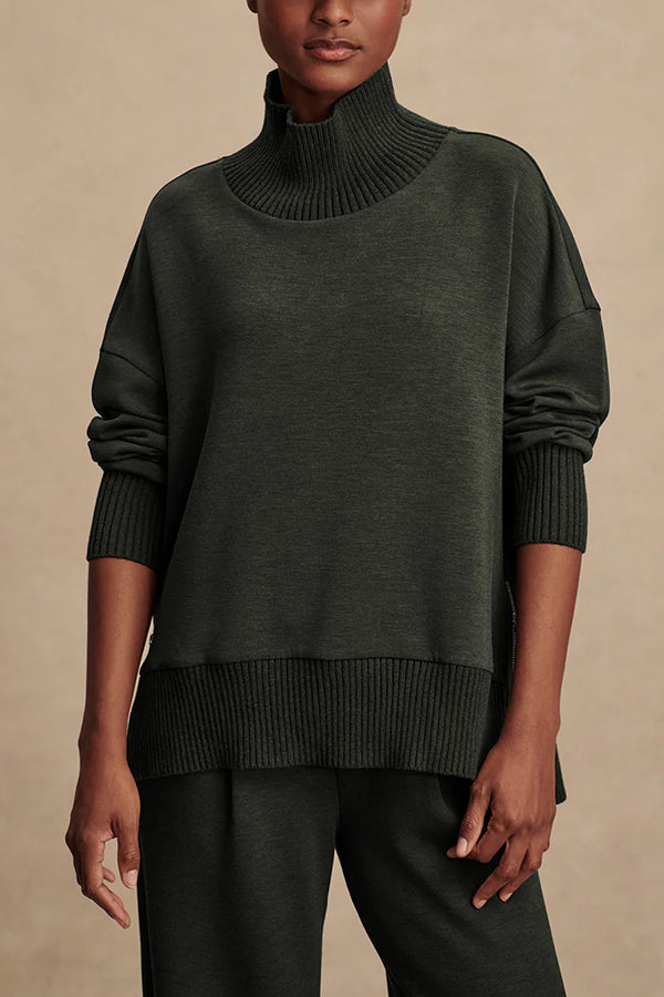 Barker High-Neck Long Sleeve Side Zipper Sweatshirt and Elastic Waist Pocketed Loose Pants Set