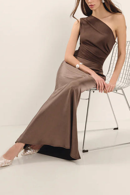 Kaia Satin Contrast Fabric Patchwork One Shoulder Ruched Maxi Dress