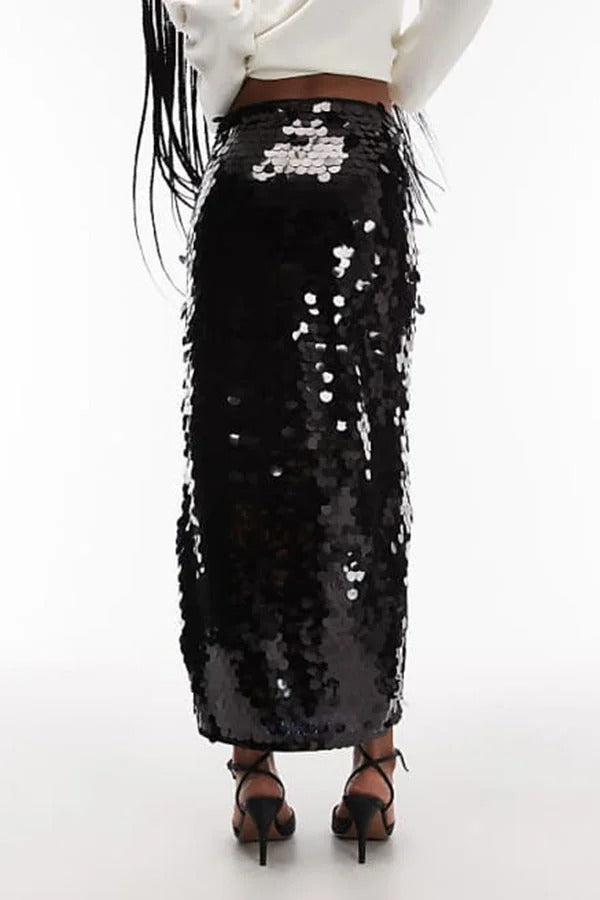 Chic Holiday Look Large Sequins High Rise Zipper Waist Slit Maxi Skirt
