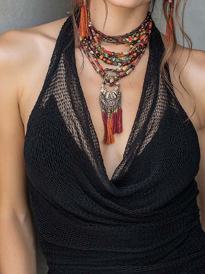 sheenchic Vacation Black Halter Collar Cut Out Boho Tulle Tank Tops [Pre-Order]