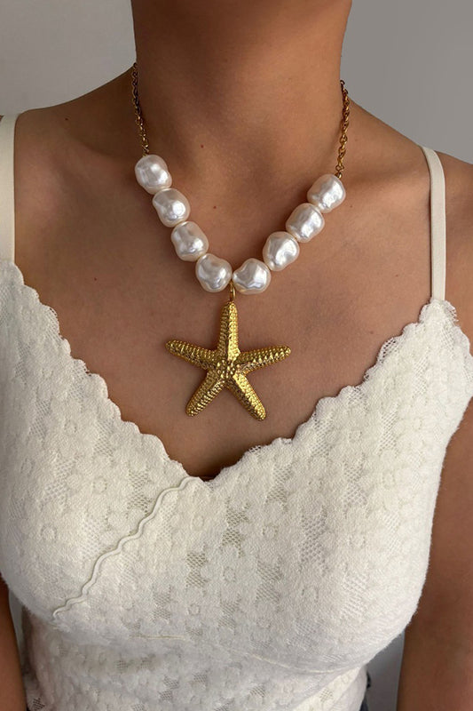 Bohemian Pearl Starfish Lotus Leaf Necklace