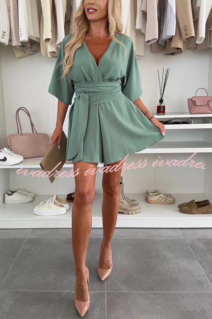 Stylish Comfortable V-neck Wide Sleeve Tie-up Loose Romper