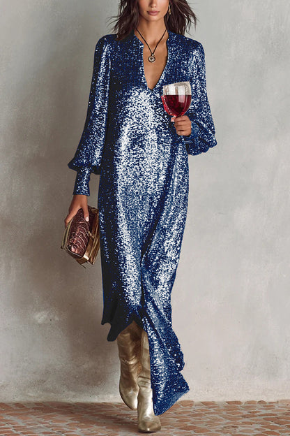 Minimalist Sparkling Sequin V-neck Long Balloon Sleeve Slit Party Maxi Dress