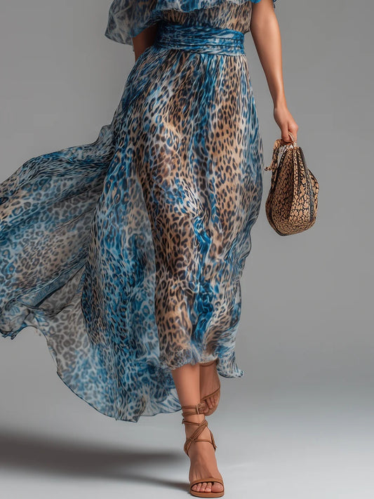 sheenchic Vacation Light Blue Leopard Oblique Collar Short Sleeve Ruffle Boho Chiffon Maxi Dresses [Pre-Order]