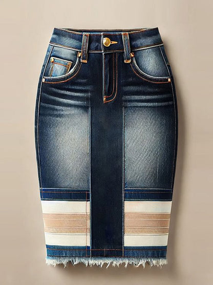 sheenchic High Rise Contrast Striped Denim Raw Edge Midi Skirt