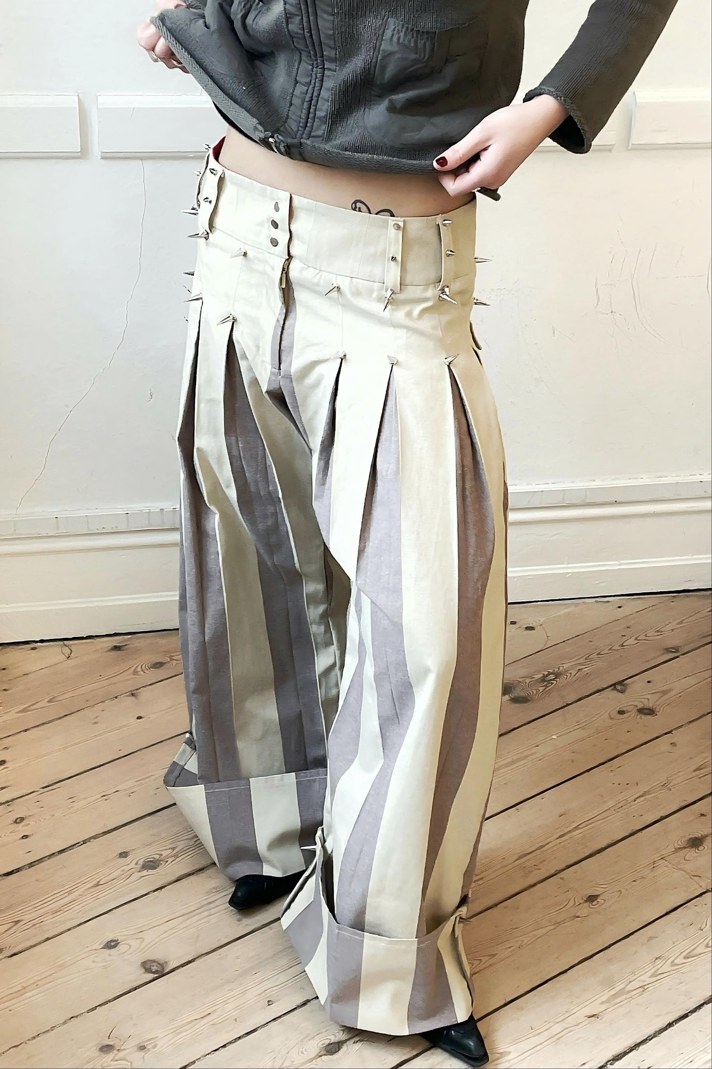 Oversized Stripe Stud-Detail Wide-Leg Pants