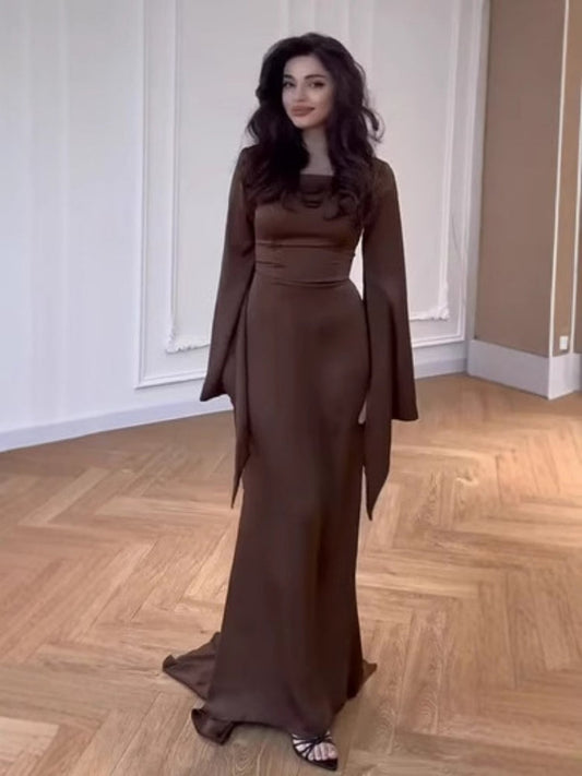 Brown Batwing Sleeve Robe  Dress