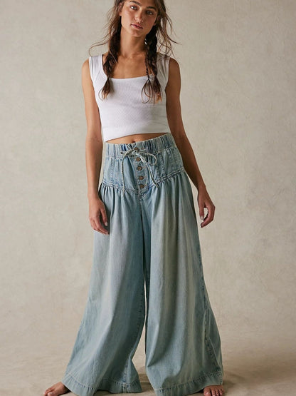 Pleated Waist Wide-Leg Tied Jeans