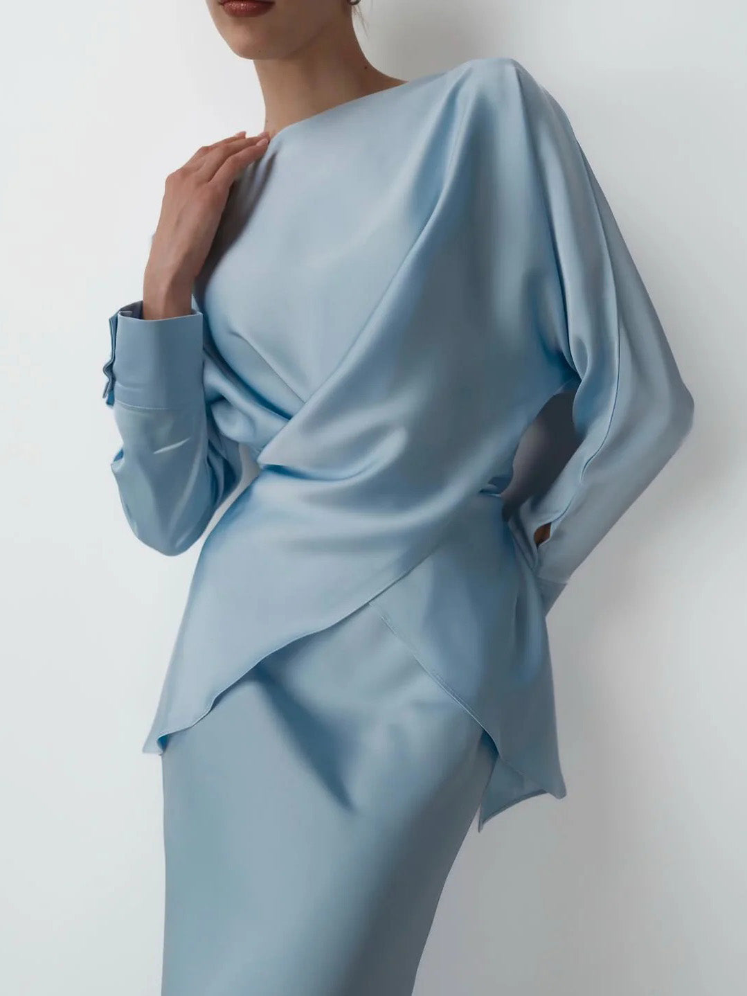 Elegant Asymmetrical Satin Long-sleeved Shirt