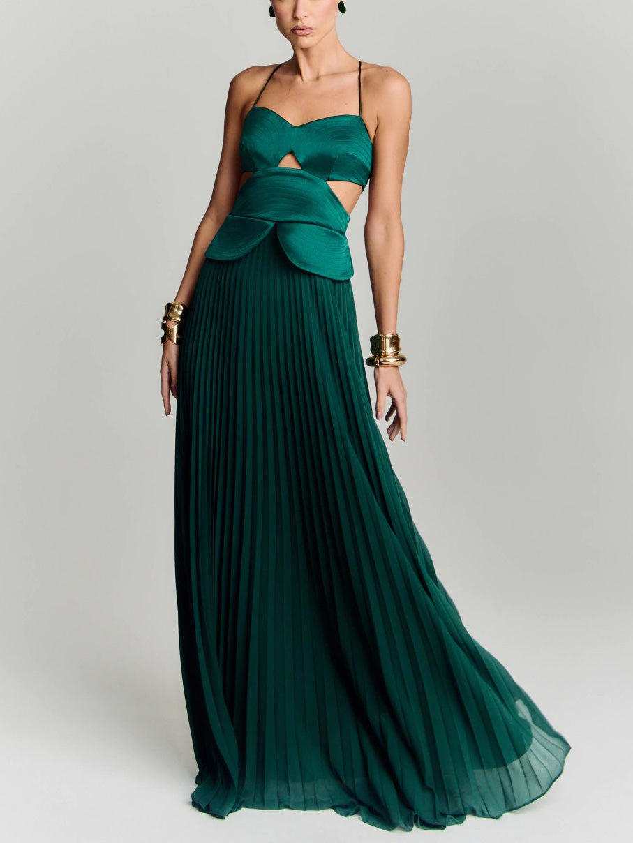 Elegant Cutout Pleated Satin Maxi Dress