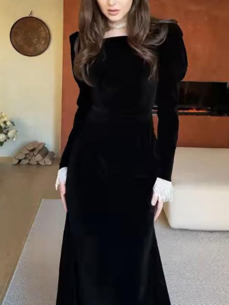 Elegant Velvet Lace Trim French Maxi Dress