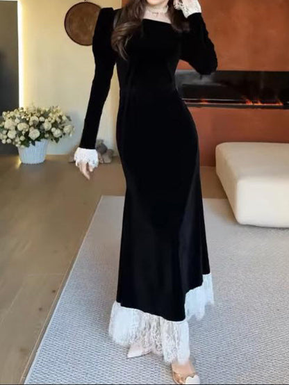 Elegant Velvet Lace Trim French Maxi Dress