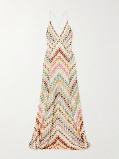 Knit Colorful Herringbone Print Open Beck Maxi Dress