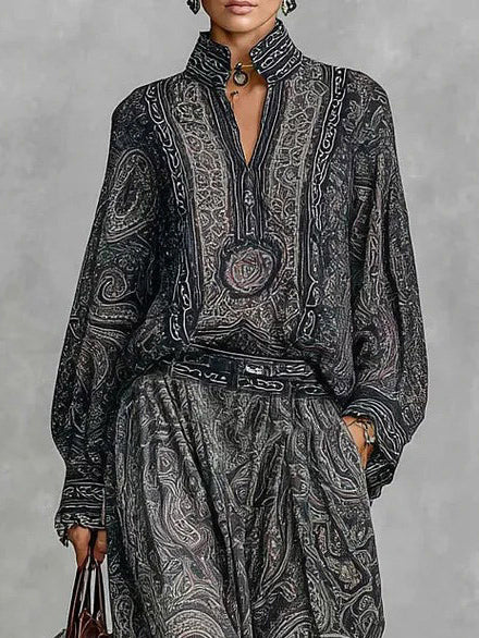 Retro Paisley Print Shirt Two-piece Set