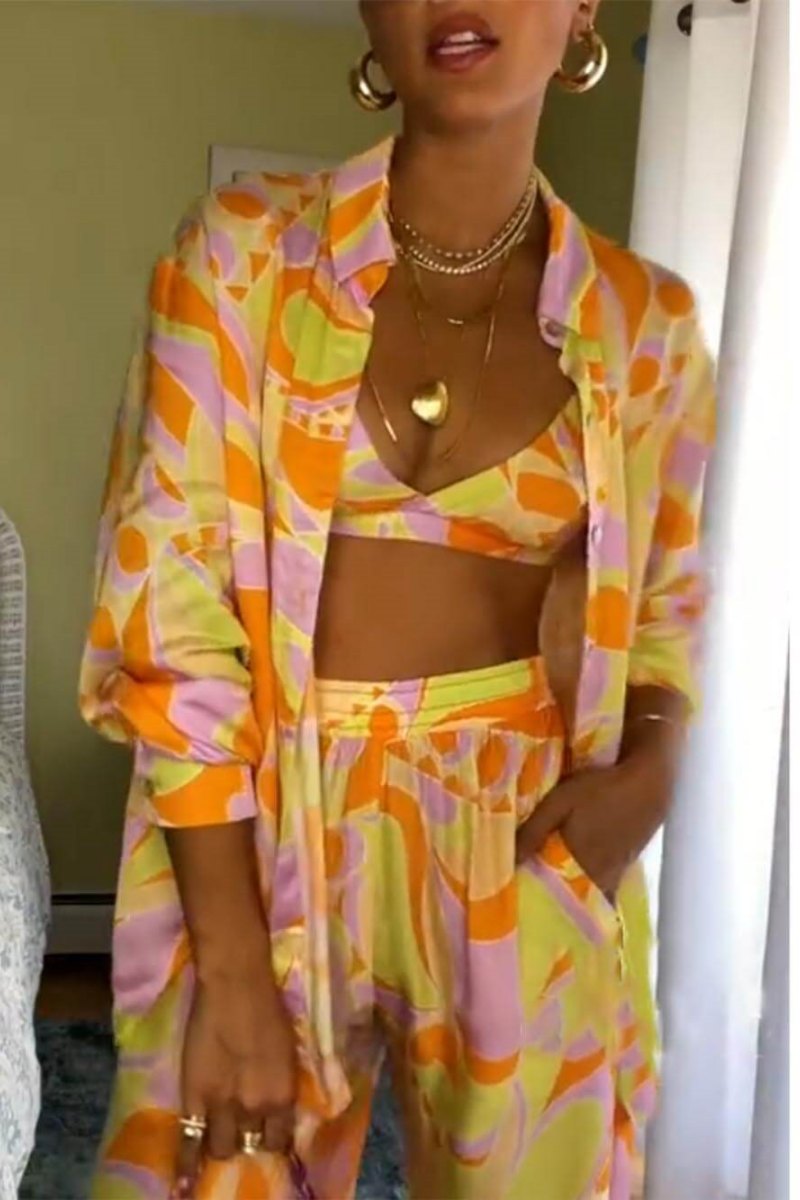 Classic Print Loose Waist Elastic Pocket Pants-Set