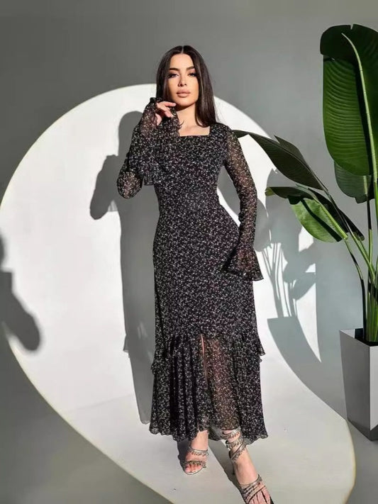 Black Floral Bell Maxi Dress