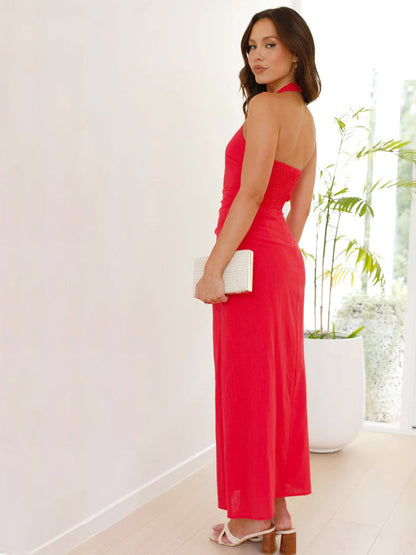 Casual Solid Color Sleeveless Backless Halter Midi Dress