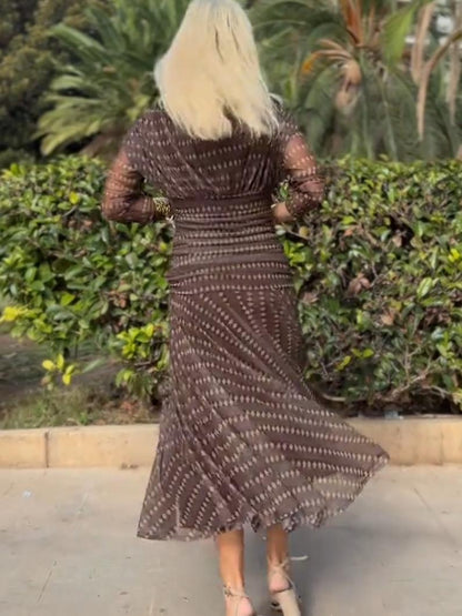 Bohemian Patterned V Neck Mesh Maxi Dress